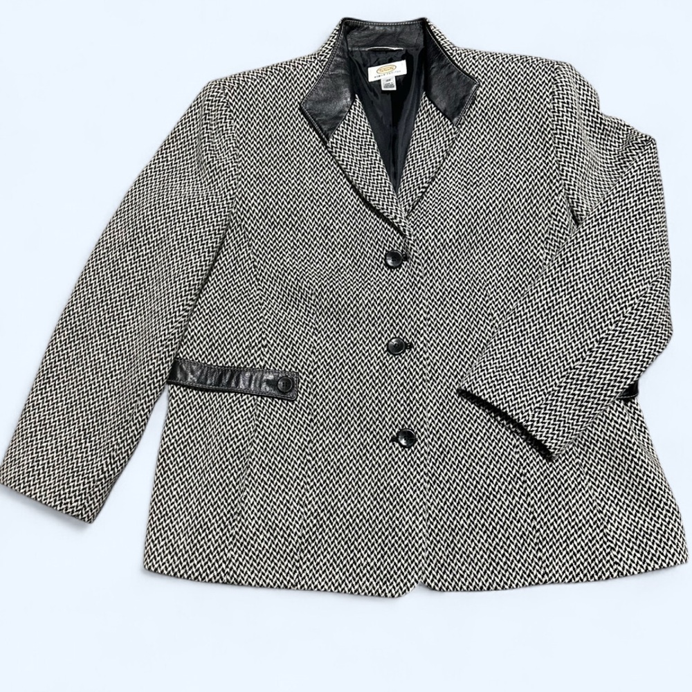 Talbots Black and White Wool & Leather Blazer (16W Petite)